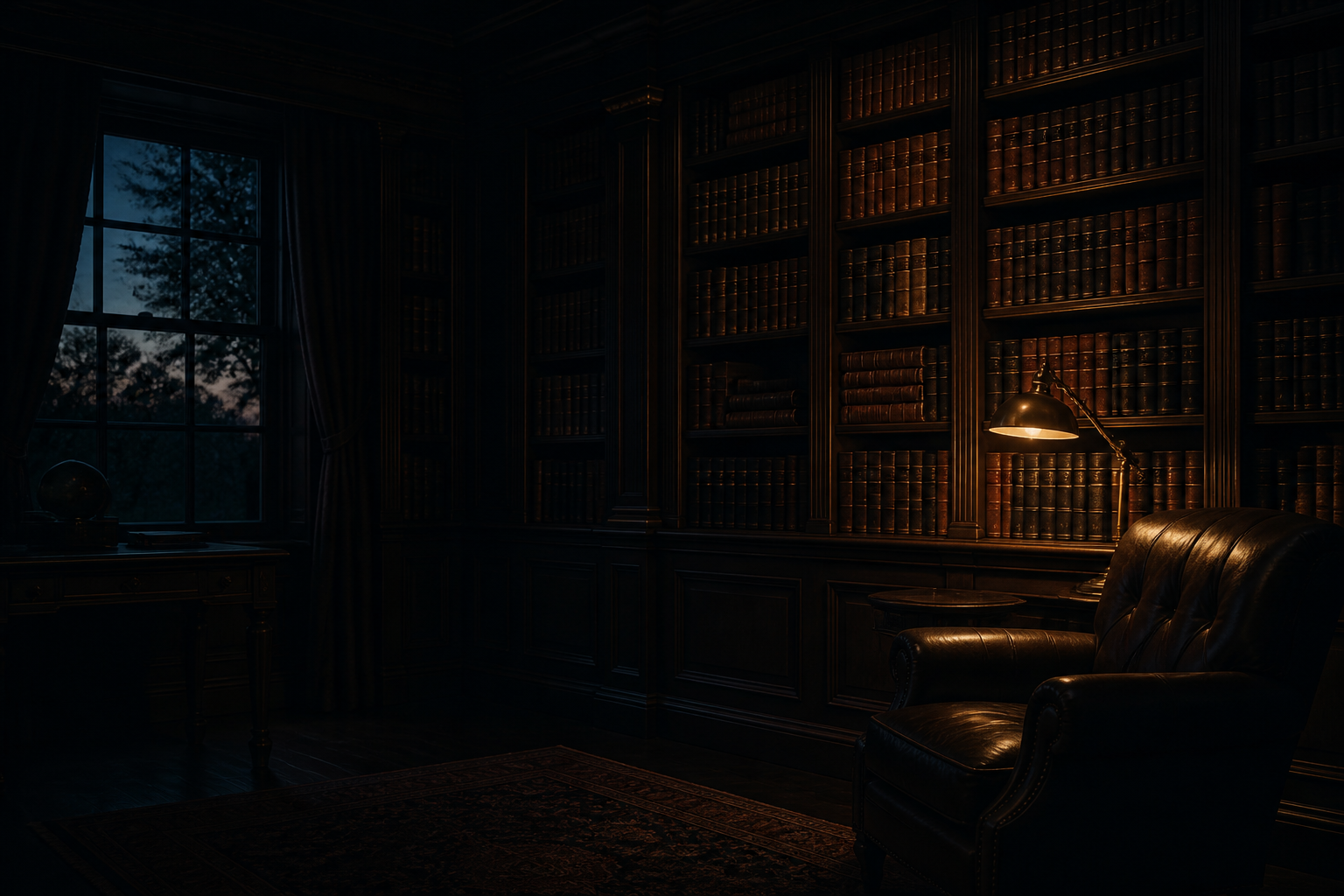 A private wood-paneled law library at dusk